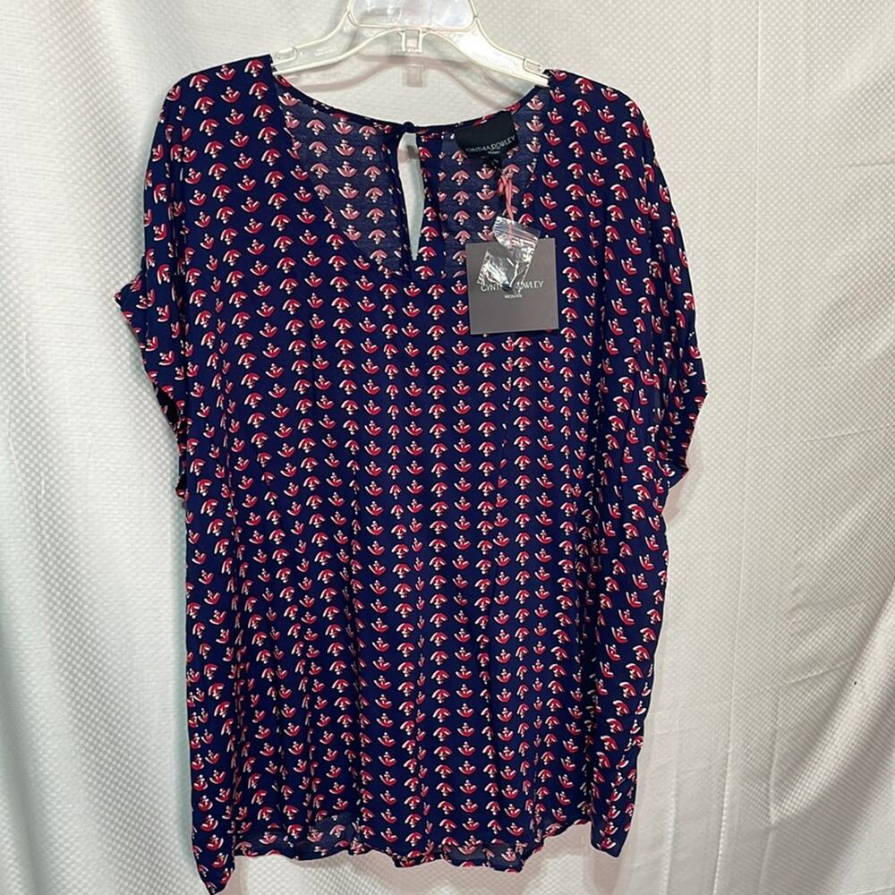 Cynthia Rowley 2x blue white red anchor cap short sleeve blouse nwt perfect